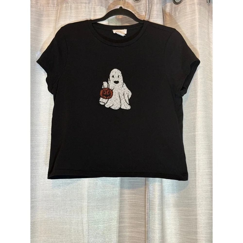 Cynthia Rowley Beaded White Ghost Shirt Black Halloween Pumpkin Embellished Sz M